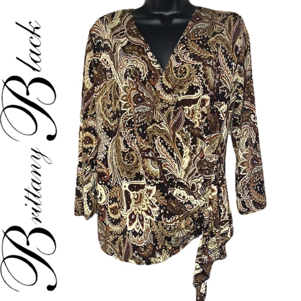 Brittany Black Embellished Floral 3/4 Sleeve Blouse Size L